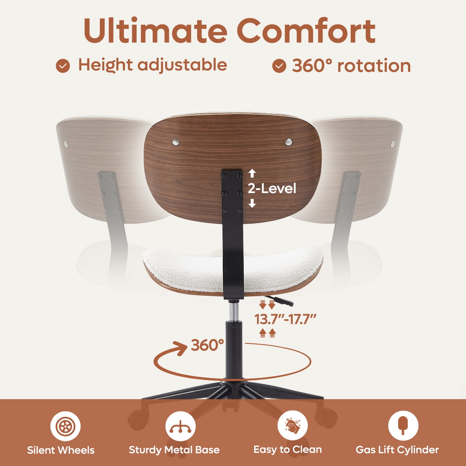 Bestier Bentwood Ergonomic Armless Office Desk Chair with Wheels, Comfy Computer Chair with Lumbar Support, Teddy Mid Back Adjustable Height 360° Rolling Swivel Task Chair No Arm for Home, Off White