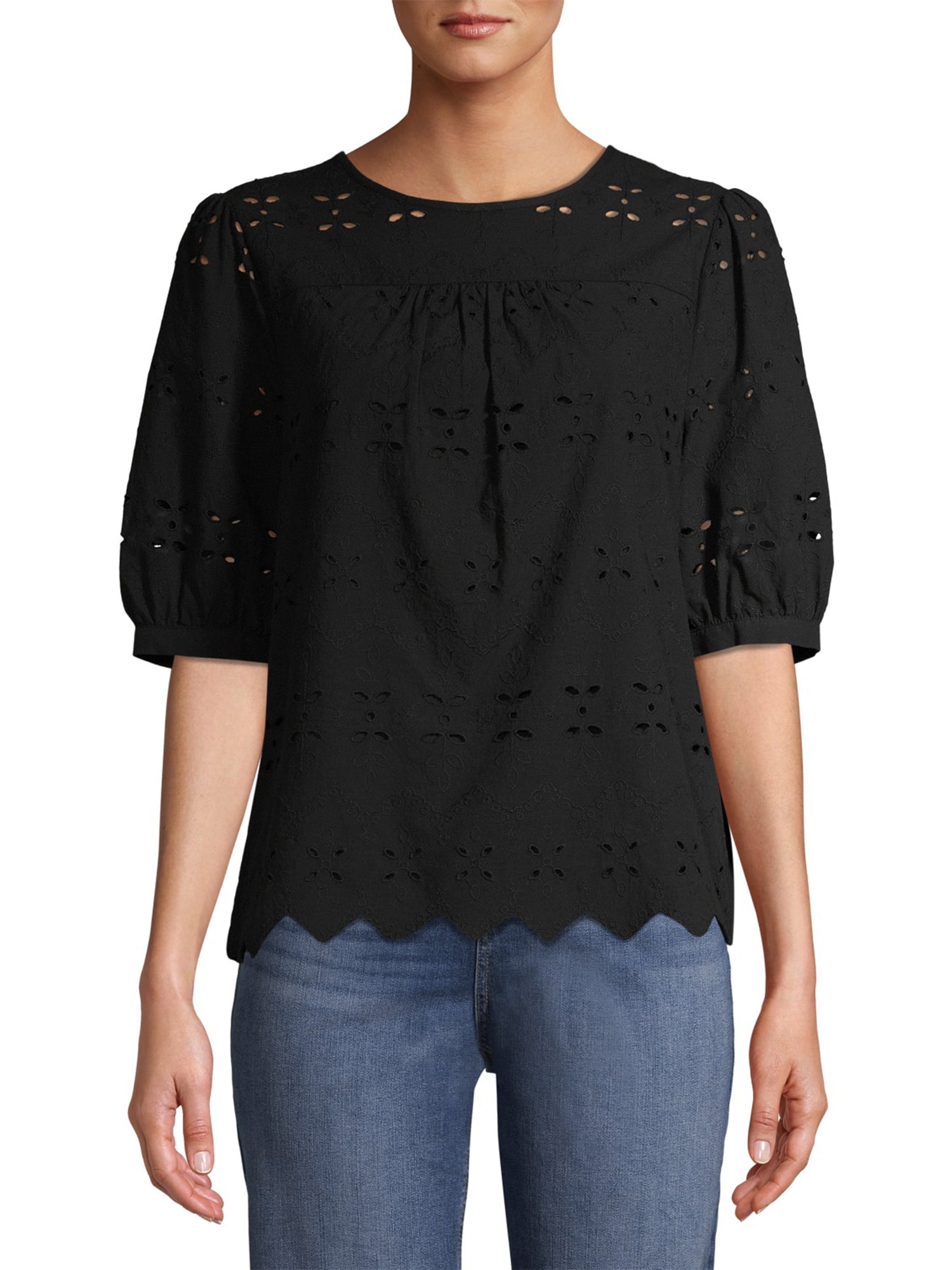 Time and Tru Women's Puff Sleeve Eyelet Top