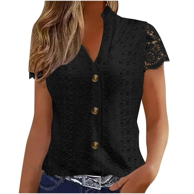 Zpanxa Spring into Summer Top Women's V-Neck Short Sleeve Blouse Hollow Out with Button and Lace Detail Solid Color Chic