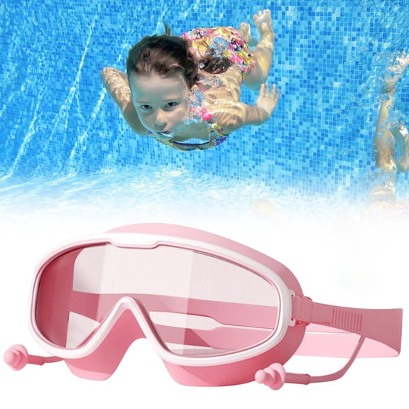 Swim Goggles for 3-16 Years Old, Comfortable Goggles with Nose Clip & Earplugs, Large Frame Waterproof Swimming Goggles for Summer Swimming Pool