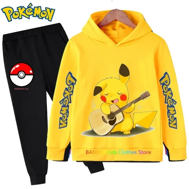 Conjunto de ropa deportiva de algodón con capucha para niño Y niña, traje de Sudadera con capucha de Pokémon, Pikachu, pantalones, ropa para 2 peces, 3, 4, 5, 6, 7, 8, 9, 10, 11, 12, 13, 14 años