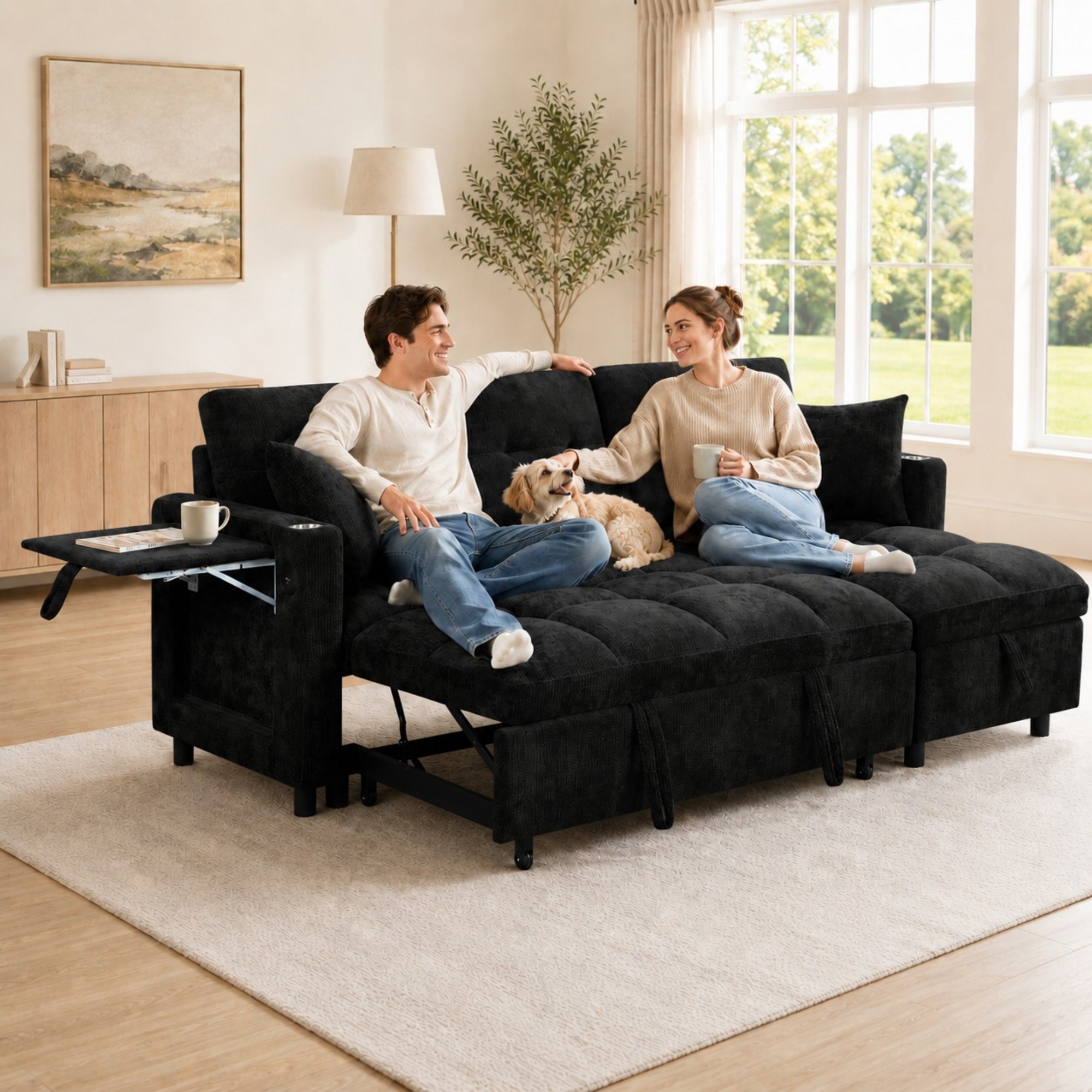 DEALTOPS 82" Chenille L-Shaped Pull-Out Sleeper Sofa Bed, Reversible Storage Chaise & Tray Table, Black