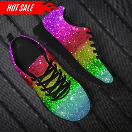 

Cool Rainbow Glitter Texture Printed Girls Flat Shoes Breathable Slip-on Mesh Sneakers Outdoor Lace up Scarpe Donna