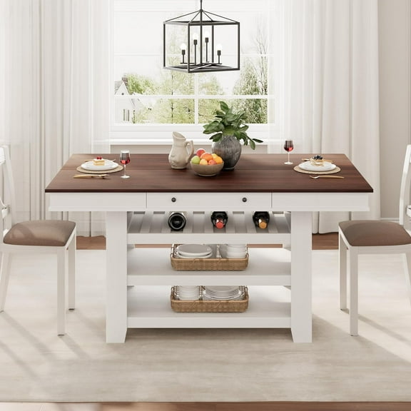60" Counter Height Dining Table for 4, Home Farmhouse Rectangular Bar Height Kitchen Table & Thick Table Top, with Deepened Wine Rack & Shelves for Kitchen, Bar