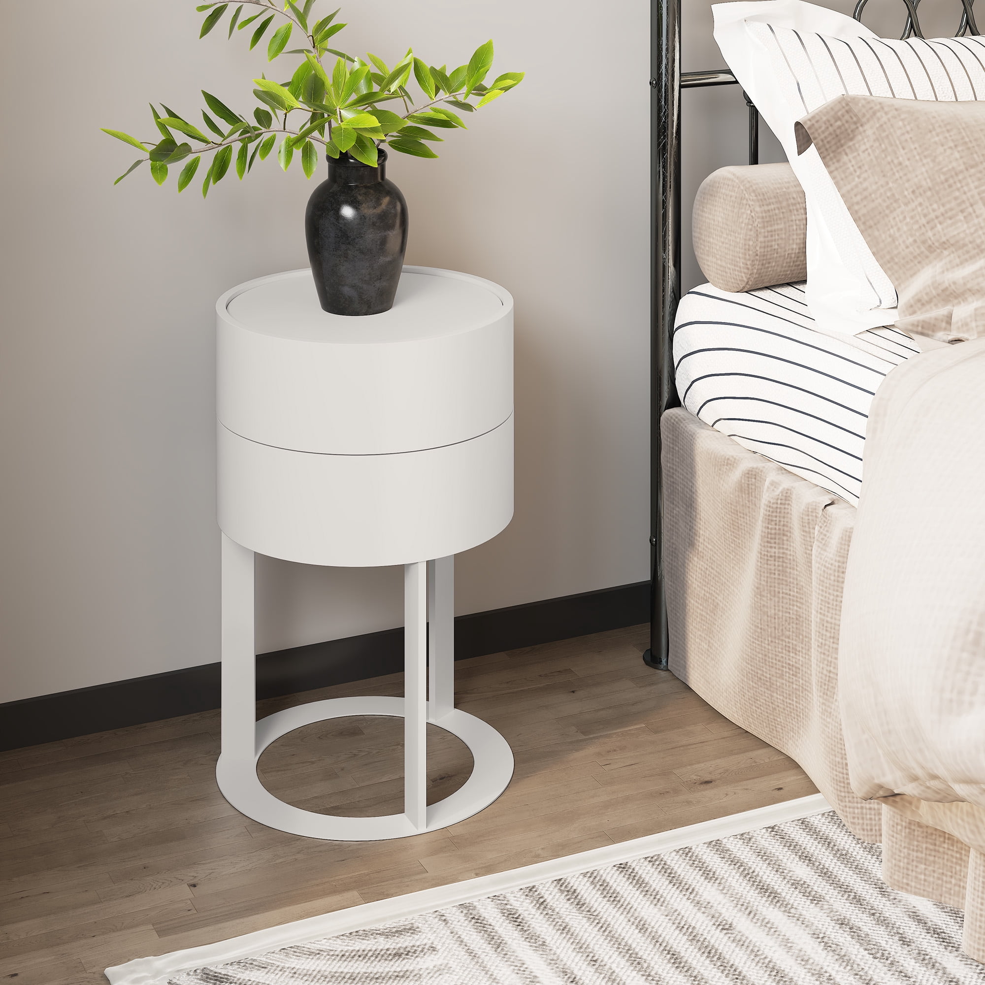 HLR Modern Round Nightstand Set of 2 with Drawer, 2-Tier End Table for Living Room, Bedroom, White