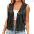 thumbnail image 2 of Lixiuxyad Women's Suede Fringe Vest Western Cowgirl Sleeveless Open-Front Tassel Cropped Tops,Black, 2 of 7