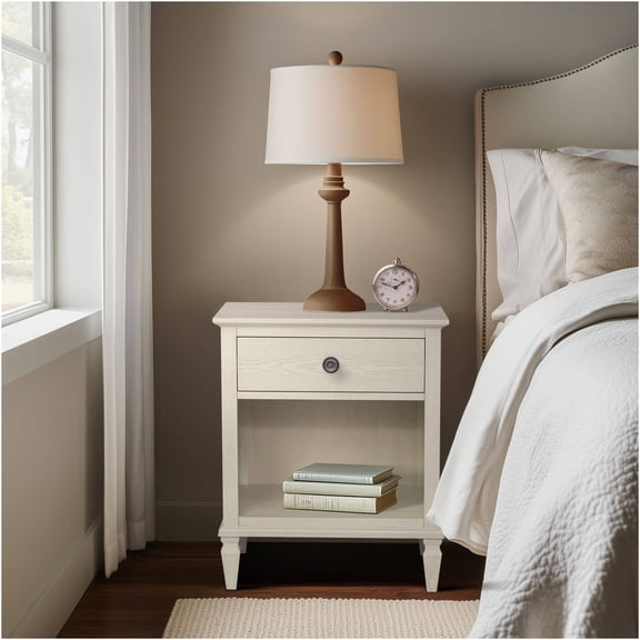 JERFIT Victoria Nightstand with Drawer and Shelf, Cream Bedside Table for Bedroom, French Country Style Wood End Table