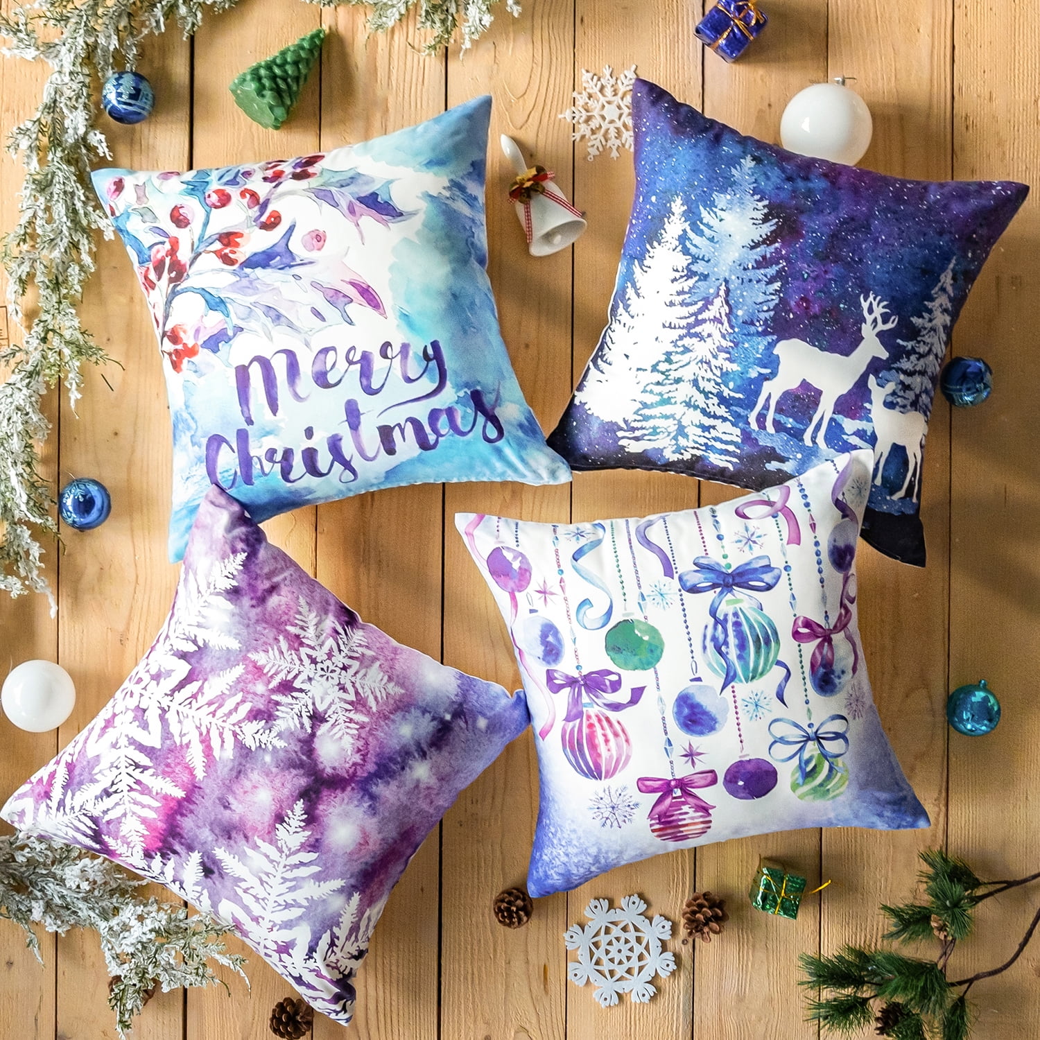 Phantoscope Merry Christmas Printing Reindeer Christmas Tree Snowflake Decorative Throw Pillow with Insert,Purple,18" x 18", Set of 4