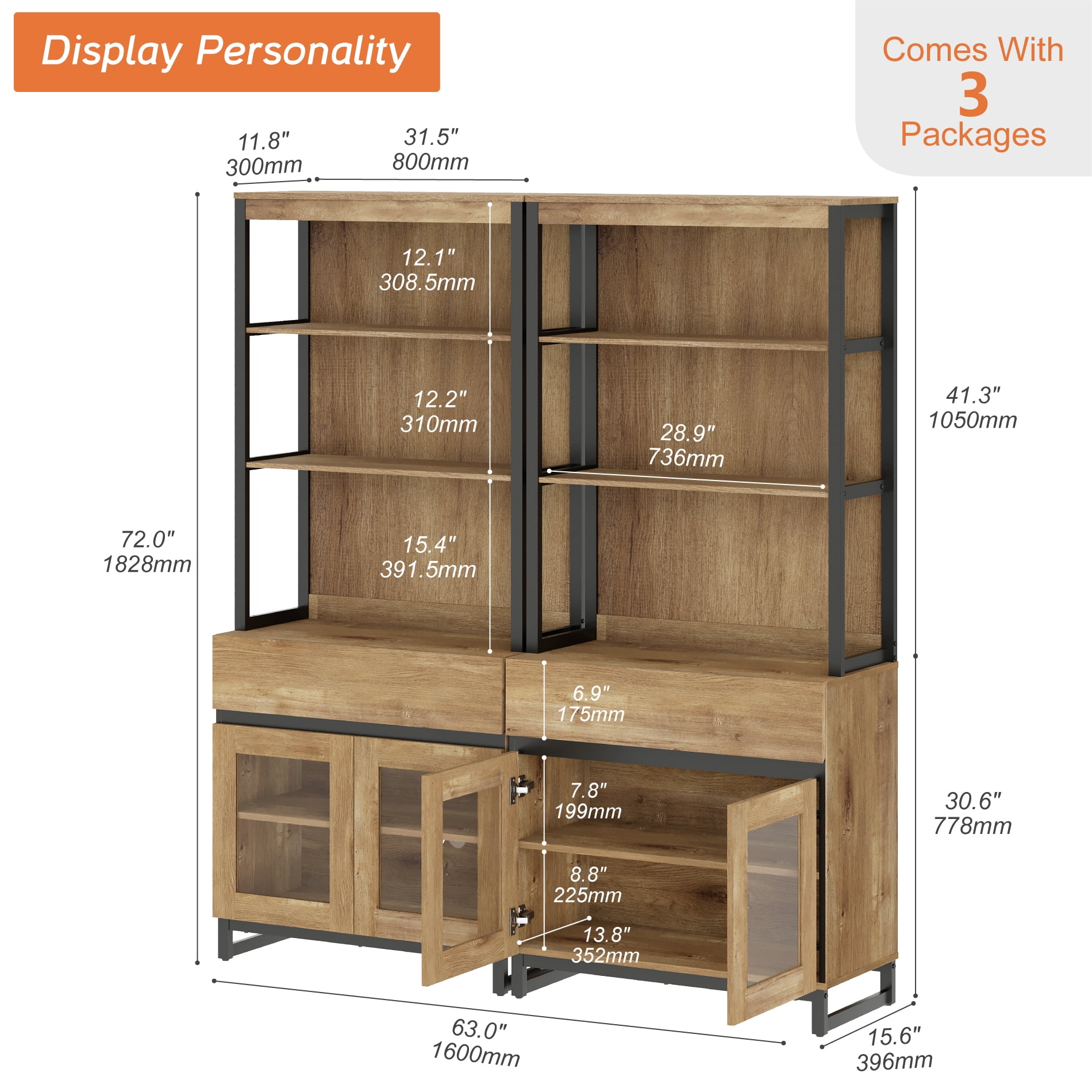 WAMPAT Home Office Furniture Set: 59in Modern Executive Desk with Charging Station & Drawers and Two 72in Tall Bookcases with Storage Cabinet, Home Office Furniture for Living Room, Oak