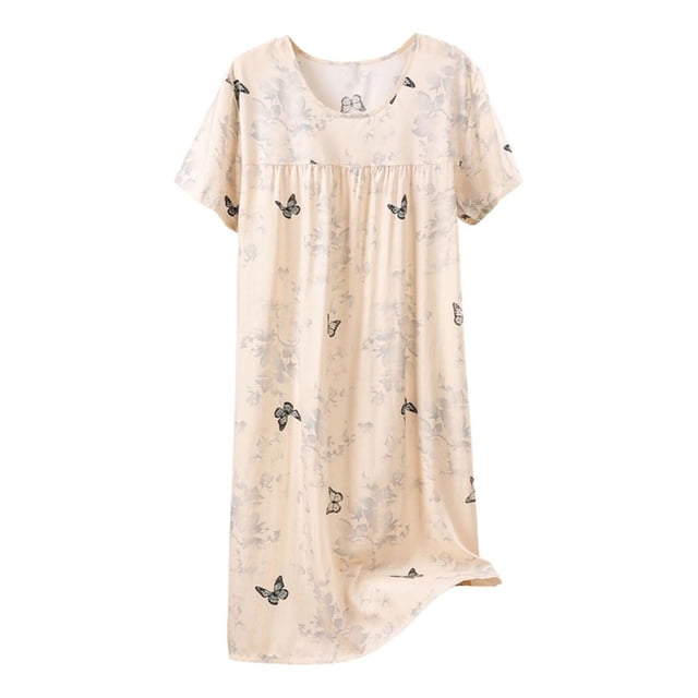 Chemise de Nuit pour Femmes, Manches Courtes à Col Rond Imprimé, Robe d'Allaitement, Rayonne Spandex Douce, Robe de Détente Longueur Genou