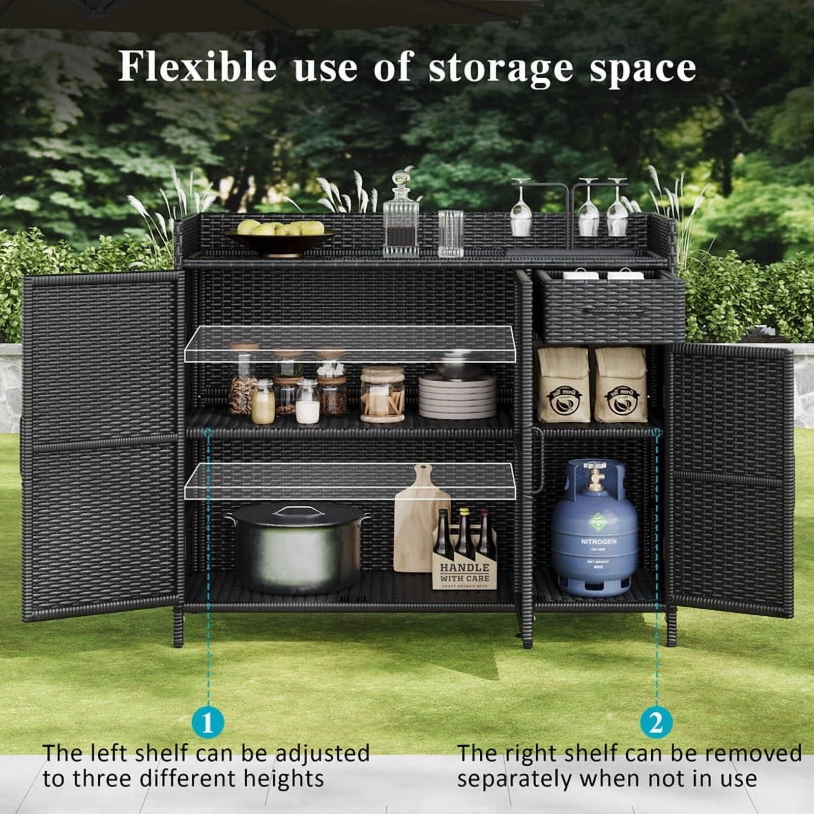 Wicker Outdoor Kitchen Island with Tempered Glass Desktop and Adjustable Shelf, Rattan Bar Table Storage Cabinet with 1 Drawer and 3 Doors