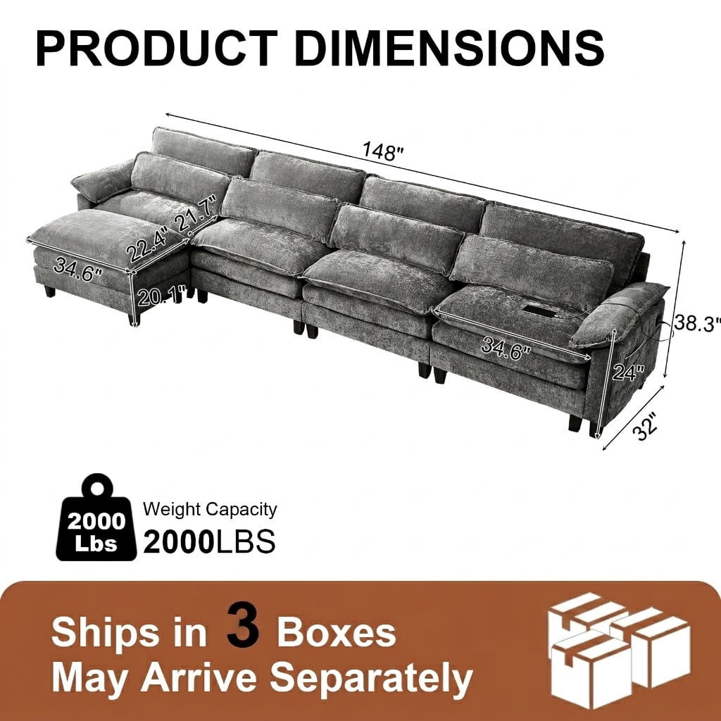 Howcool Cloud Couch Modular Sectional Sofa 4 Seat 148" L Shaped Convertible Couch Chenille Thick Cushion with Ottoman, Removable & Washable Cover for Living Room, Grey