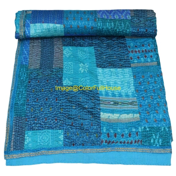 Indian Handwoven Silk Patola Kantha Quilt ,Traditional Blanket , Premium Silk Sari Kantha Blanket Size (Queen Size - 90" x 108")