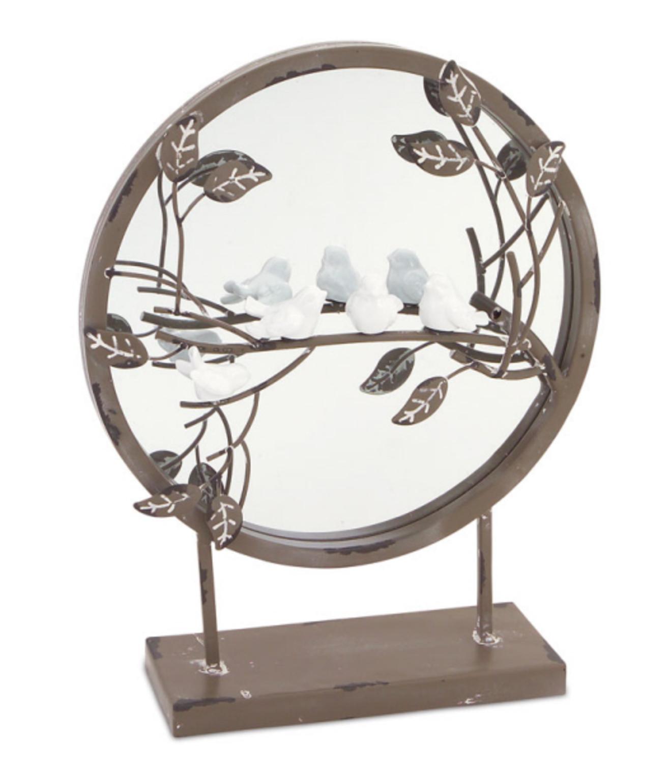 New Romance Round Tabletop Mirror with Perched Birds on Branch 12.5