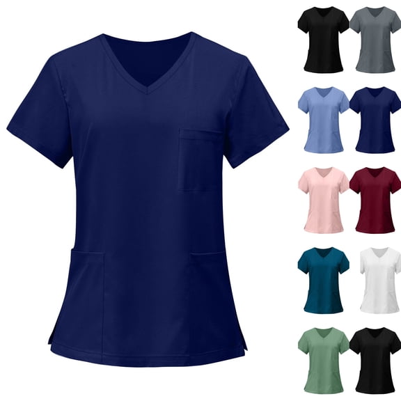 V-Neck Scrub Tops Women - Stretchy 3-Pocket Nurse Scrubs with Nursing Uniform Fit,Navy 2XL