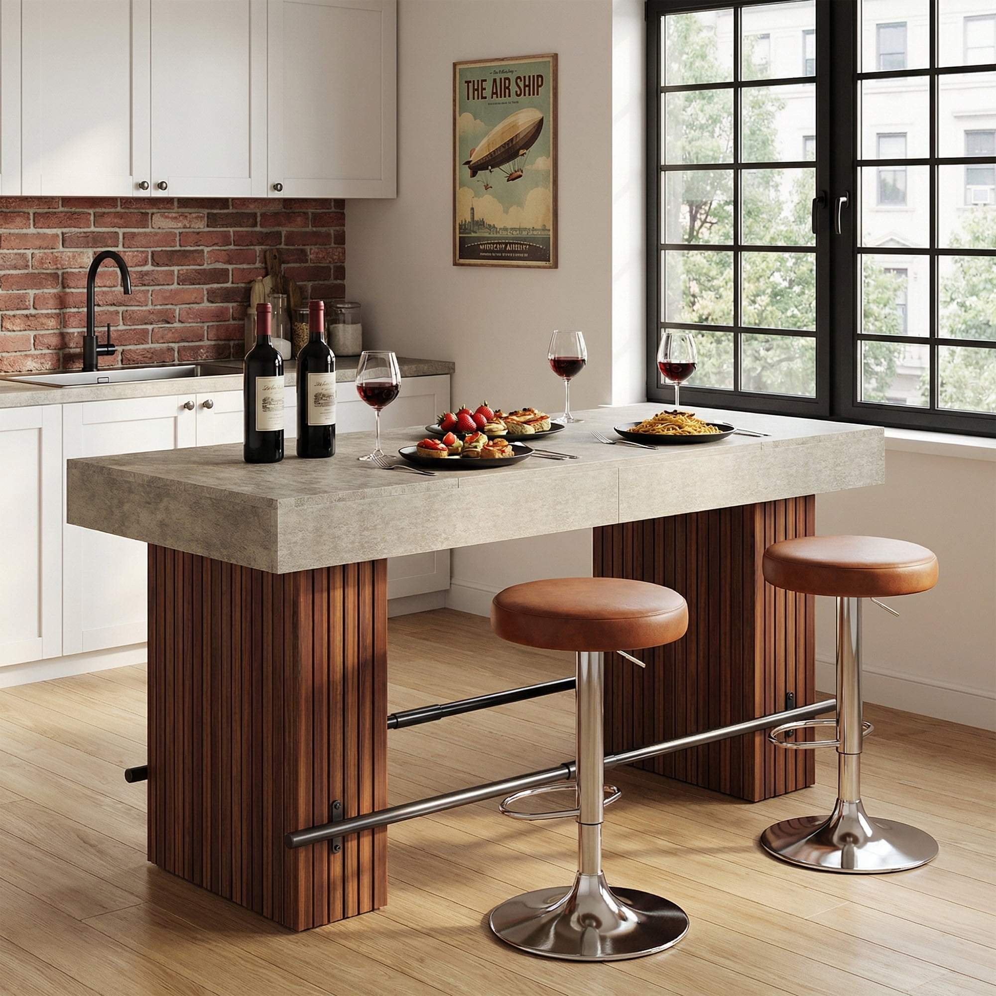 MAYEERTY 62.2 Inch Industrial Bar Table, Counter Height Pub Dining Table with Rustic Brown Tabletop and Dark Gray Slatted Base for Home Bar Kitchen Island