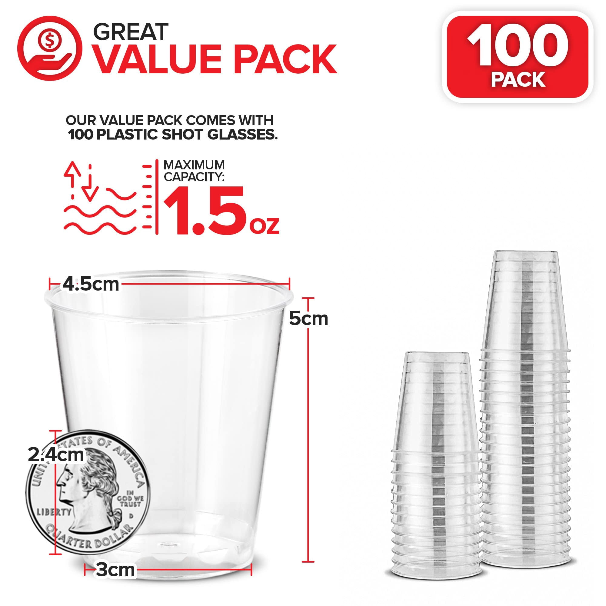 1.5 oz Shot Glasses - 100 Mini Plastic Shot Glasses (1.5oz) Clear  Disposable Cups for Jello Shots, Wine Tasting, Liquor, Whiskey, Pudding,  Sample Cup for Halloween and Elegant Partiest - Walmart.com