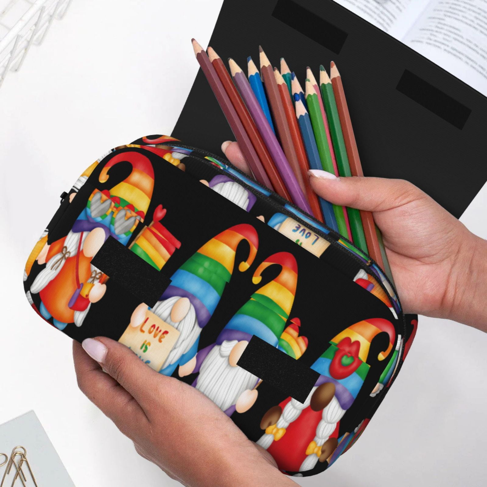 Rateoe Happy Pride Gnome Pattern Double Clamshell Pen Case, Storage Organizer with Two Zipper Compartments– Holds Up to 50 Pencils & Pens