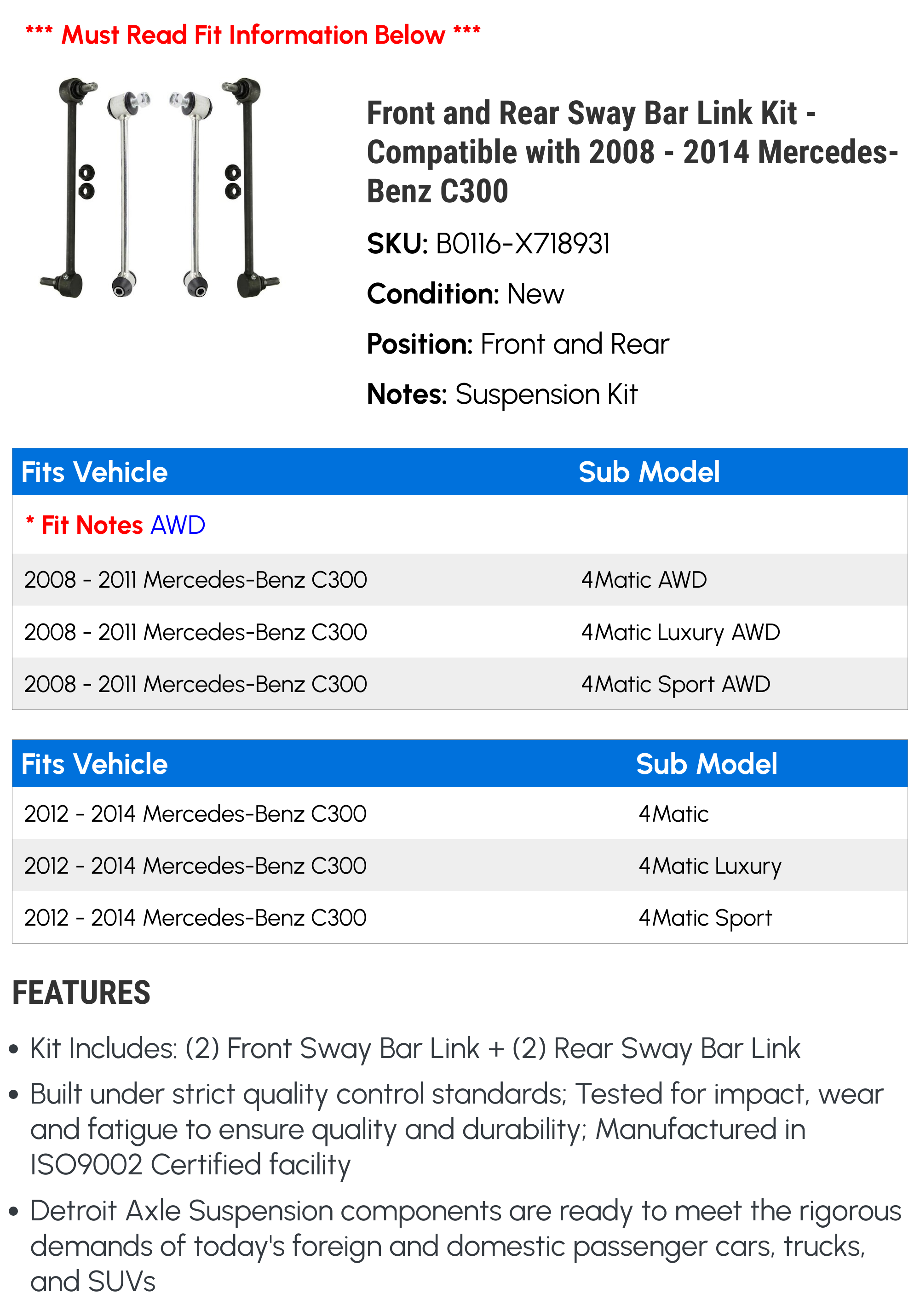 Front and Rear Sway Bar Link Kit - Compatible with 2008 - 2014 Mercedes-Benz C300 2009 2010 2011 2012 2013