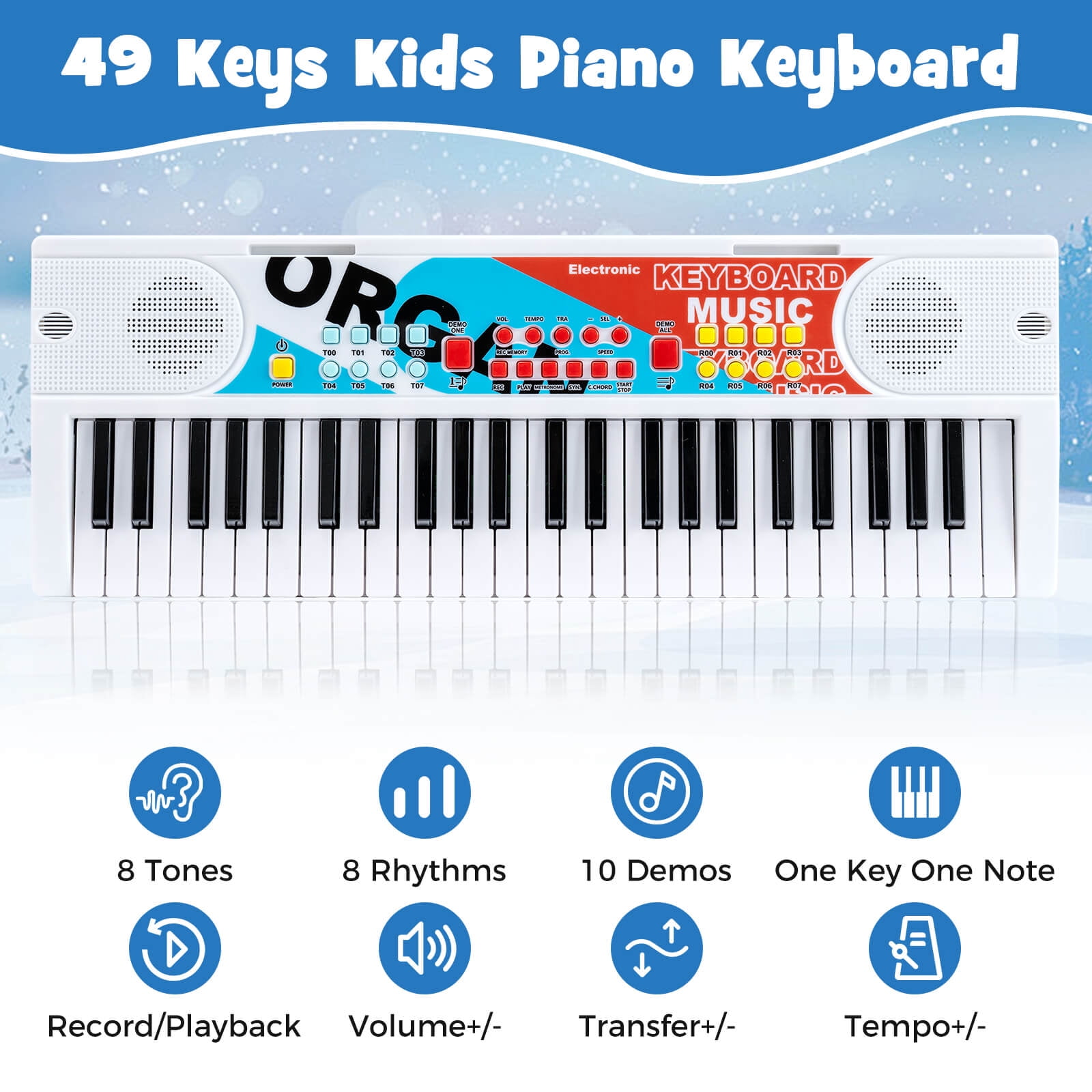 Costway 49 Keys Portable Electric Keyboard Piano with 8 Rhythms, 8 Tones & 10 Demos, White