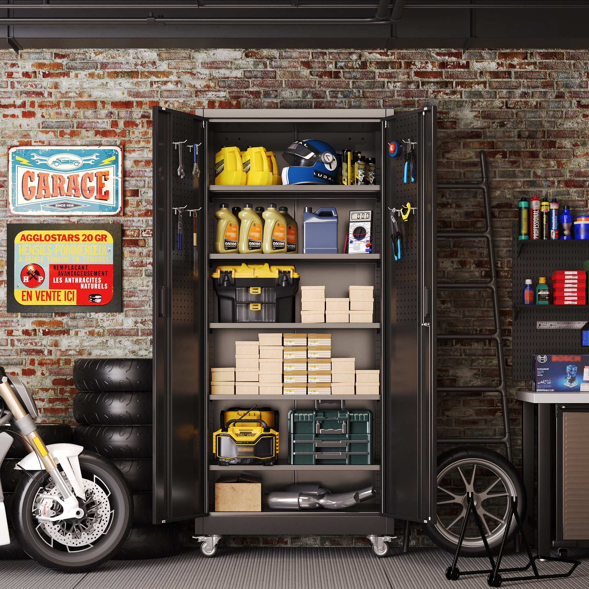 HUAXRON 71 inches Tall Metal Rolling Garage Storage Cabinets with Locking Doors and 5 Adjustable Shelves, Metal Storage Cabinet for Garage, Office, Home, Classroom, Assemble Required(Black)
