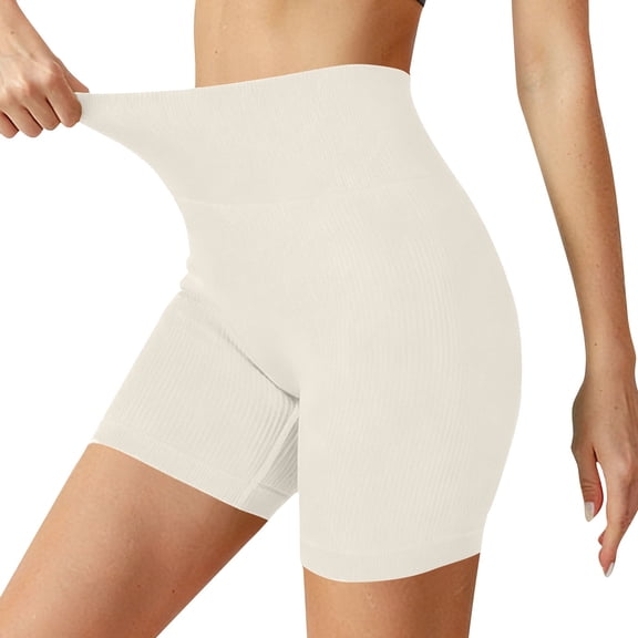 Fewfanhot Women's Ribbed High Waist Seamless Biker Shorts, Stretchy Workout Yoga Shorts, Tummy Control Athletic Shorts, Beige, XL