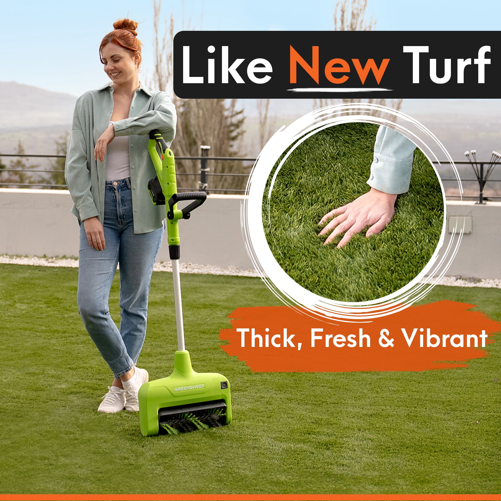 GreenSweep Reviver Volt Cordless Artificial Grass Power Brush, 12 in Cleaning Width, 20V Battery, Variable Speed, Removes Dirt, Debris and Pet Hair
