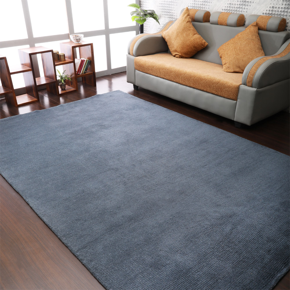 Rugsotic Carpets Hand Knotted Tibbati Wool 6'x9' Area Rug Solid Blue T00111