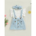 thumbnail image 3 of Newborn Girl 3PCS Outfits Flying Sleeve Solid Color O-Neck Romper + Suspender Buttons Shorts + Decorative Hairband, 3 of 8