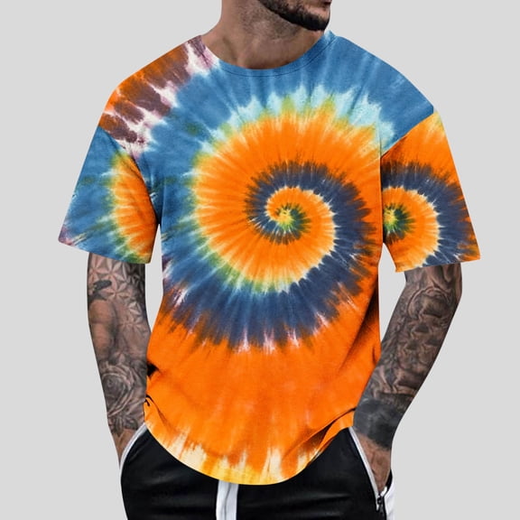 Dolkfu Summer Shirts for Men Tie Dye Orange Short Sleeve Graphic Tees Pullover Crew Neck Fitness Mens T-Shirts,L