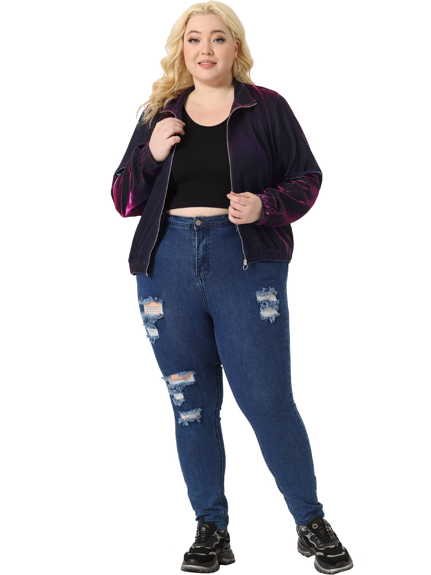 DARING DIVA Plus Size Holographic Long Sleeve Zip Up Mesh Jackets 2X Blue Purple