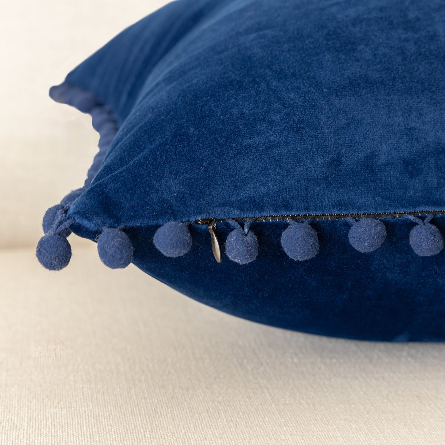Ashler Decorative Soft Velvet Throw Pillow Cushion Covers with Pom Poms Particles Solid for Couch Bedroom Car, Navy Blue, 22 X 22 ,Packs of 2