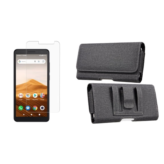 Bemz Pouch Bundle for Alcatel Apprise (Cricket Wireless): Horizontal Rugged Nylon Phone Belt Holster Case (Card/Coin Holder Slots) with Tempered Glass Screen Protector - Black