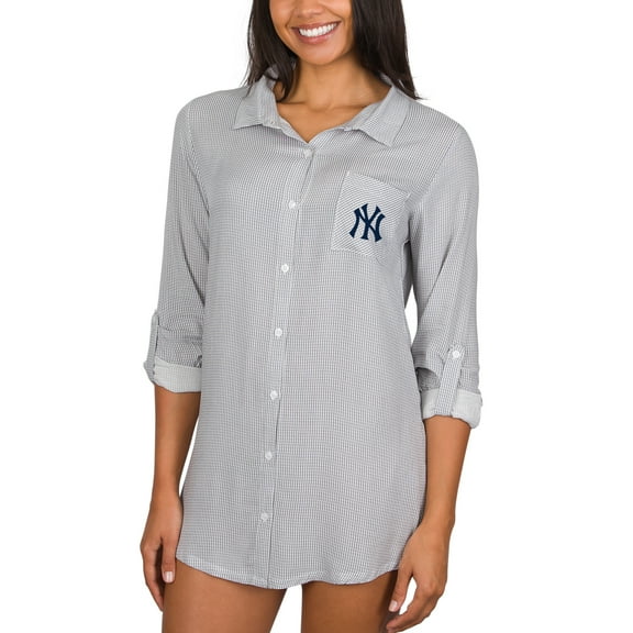 Women's Concepts Sport Gray New York Yankees Melody Woven Full-Button Long Sleeve Nightshirt