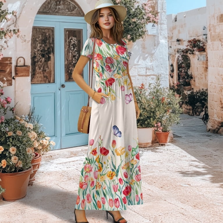 polyester beach dress Psesaysky and Spandex Long for Outdoor Picnic Beach, Side Pockets Flowy Short Sleeve Maxi Dress, Butterflies and Flowers, Women's NWT Zara Black Long $15 $20 $25 Sale whilst the lightweight fabric Size:L (SIZE 10/12)