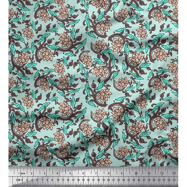 Soimoi Crepe Silk Fabric Leaves & Lotus Block Decor Fabric Printed Yard 42 Inch Wide
