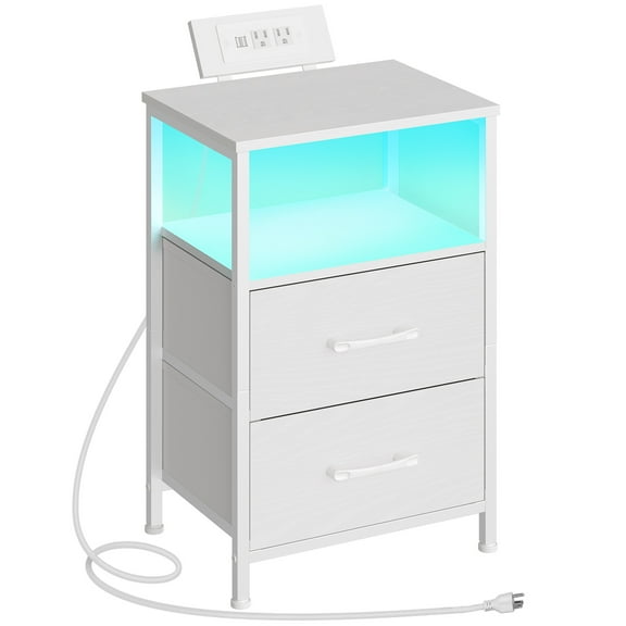 HOOBRO Nightstand with Charging Station, Bedside Table with LED Lights and 2 Fabric Drawers, End Table with 2 AC Outlets and USB Port, Small Night Stand for Bedroom, White WT118UDBZ01