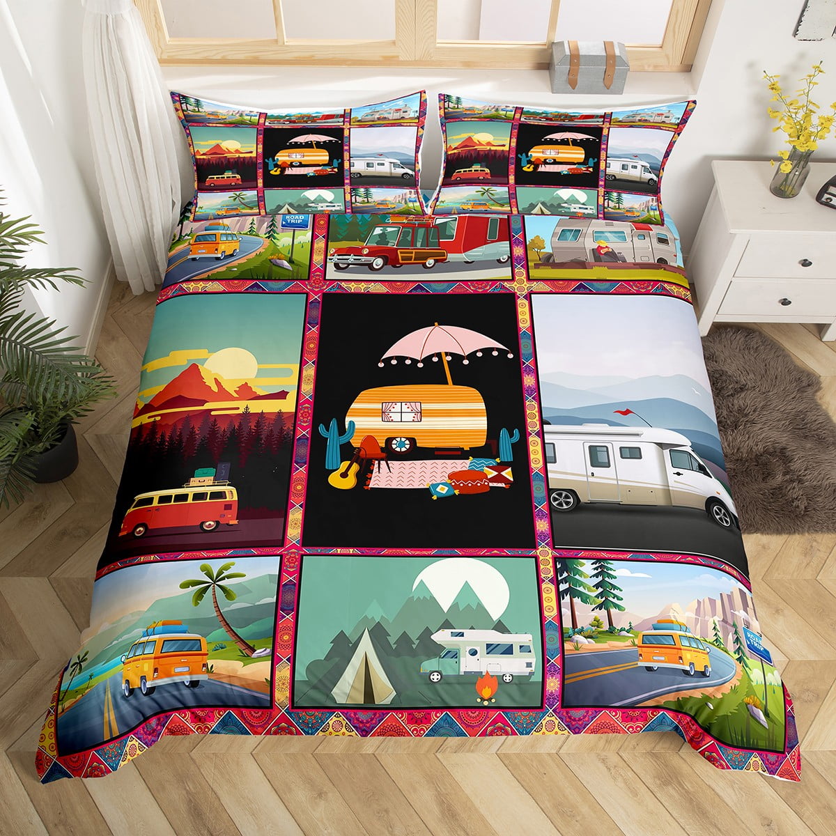 Camper Themed Duvet Cover Queen Boho Rustic Farmhouse Camping Bedding
