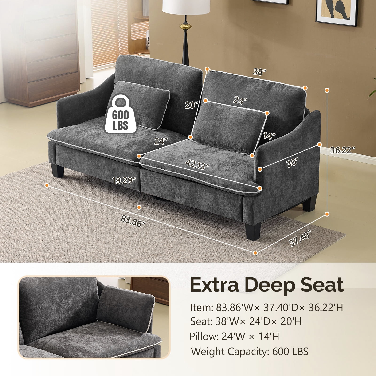 Ktaxon 84" Sofa, Linen Fabric Deep Seat Couch with Lumbar Pillows, Oversized Loveseat for Small Spaces, Living Room Black