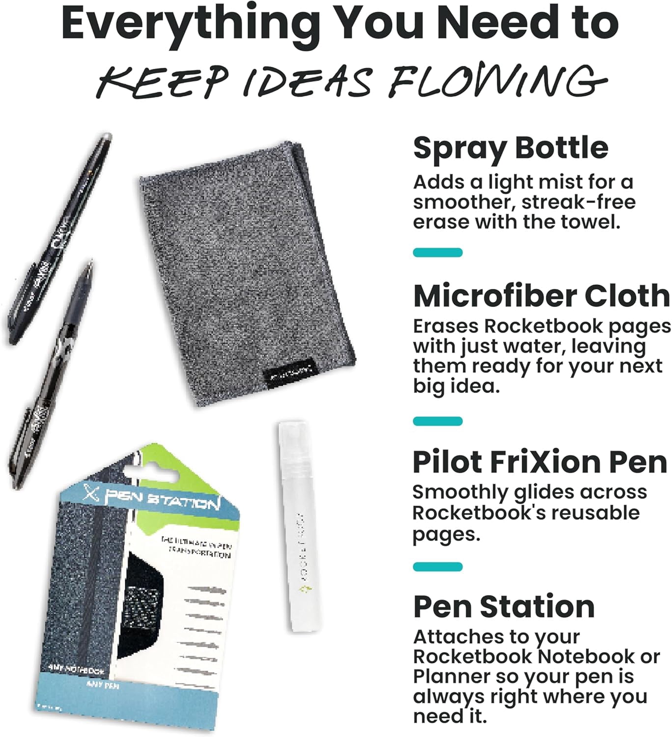 Accessory Kit – Complete Set with 2 FriXion Gel Pens, Spray Bottle, Microfiber Cloth & Pen Dock – Compatible with Notebooks & Planners for Effortless Organization Daily