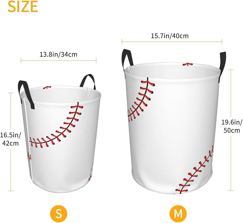 Baseball Texture Laundry Hamper Bag With Waterproof Liner - Round Laundry Basket Foldable Clothes Storage Organizer For Bathroom Bedroom Nursery Dorm