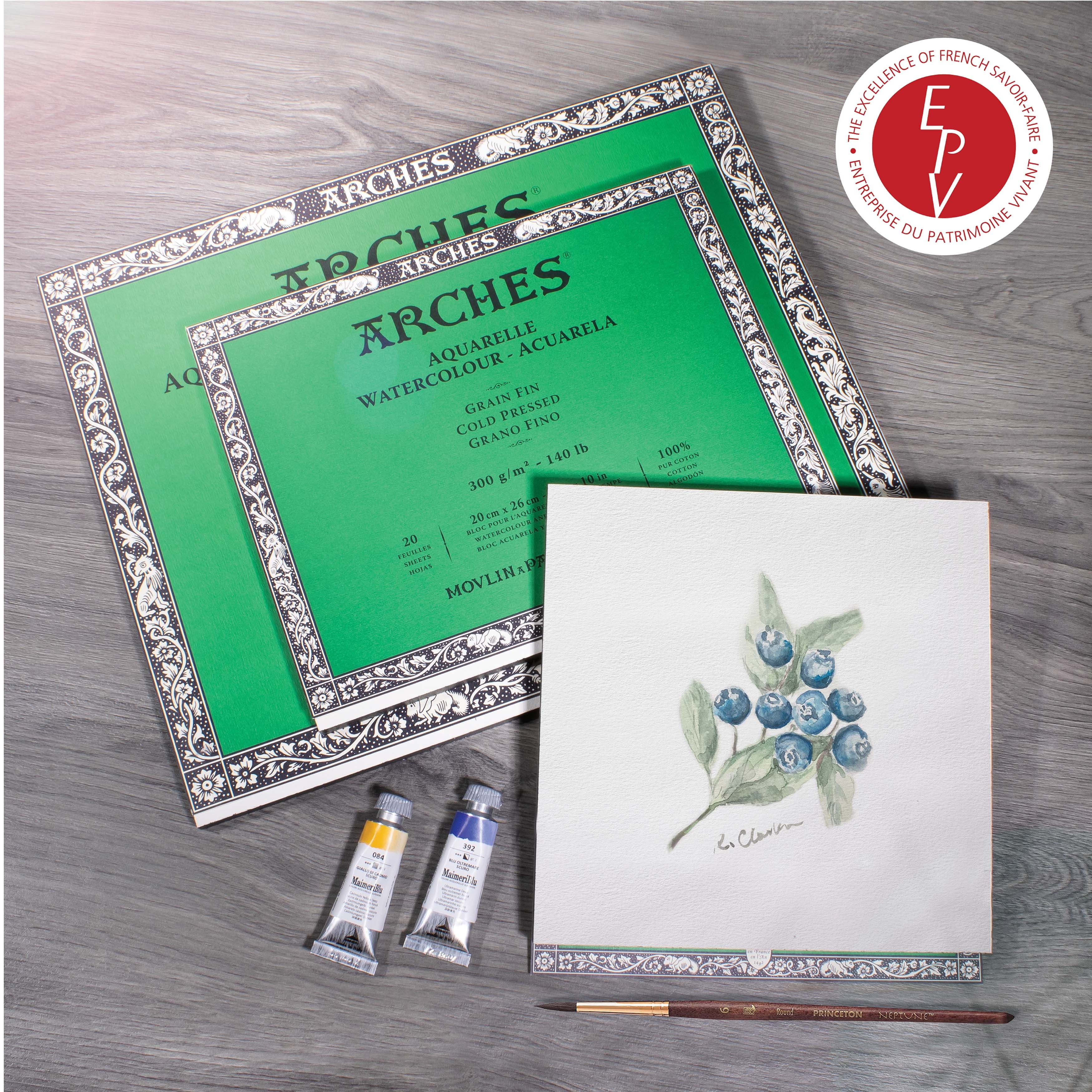 ARCHES® Aquarelle Watercolor Paper Block, Cold Press, Natural White, 140 lb (300 gsm), 20 Sheet, 5.9x11.8 in, 1 Count