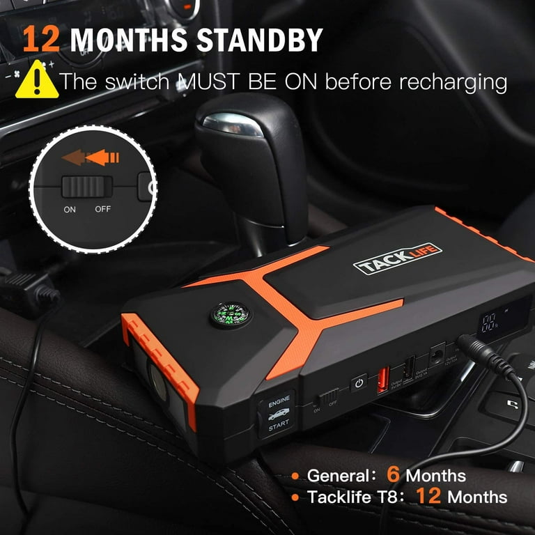 TACKLIFE T8 800A Peak 18000mAh Car Jump Starter (up to 7.0L Gas, 5.5L  Diesel Engine) with LCD Screen, USB Quick Charge, 12V Auto Battery Booster,  Portable Power Pack with Built-in LED Light 