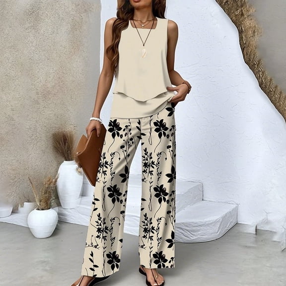 Women's 2-Piece Outfits Sets Summer Lounge Sets Floral Printed Wide-Leg Long Pants Travel Beach Vacation Outfits