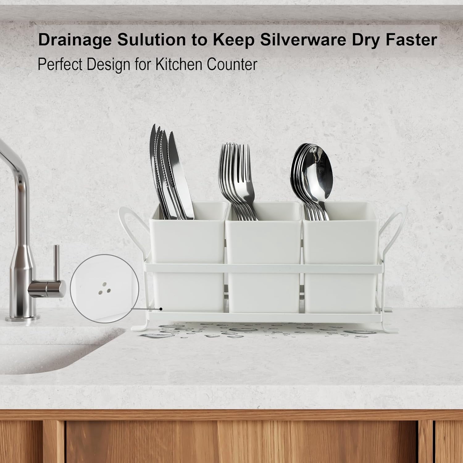 Utensil Caddy with Drain Holes, Cutlery Organizer for Kitchen Countertop Drawer 3pcs Bins Set Silverware Holder for Spoon, Fork and Knife, White