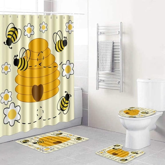 Shower Curtain Sets with Non-Slip Rugs,Toilet Lid Cover and Bath Mat,Bumblebee Hive Waterproof Bath Curtains Hooks Included