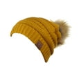 thumbnail image 2 of NYFASHION101 Exclusive Soft Stretch Cable Knit Faux Fur Pom Pom Beanie Hat - Mustard, 2 of 4