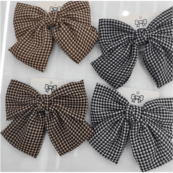 4-Piece Houndstooth Plaid Bow Hair Clip Set – Elegant Large Hair Bows for Girls & Women