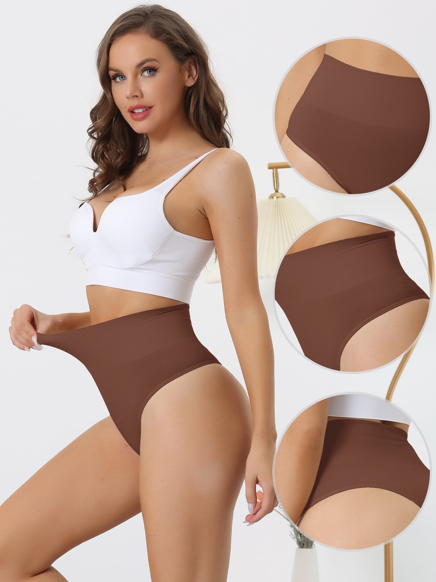 Unique Bargains Women's High-Waisted Briefs Invisible Thong Stretchy Comfortable Underwear S Dark Brown