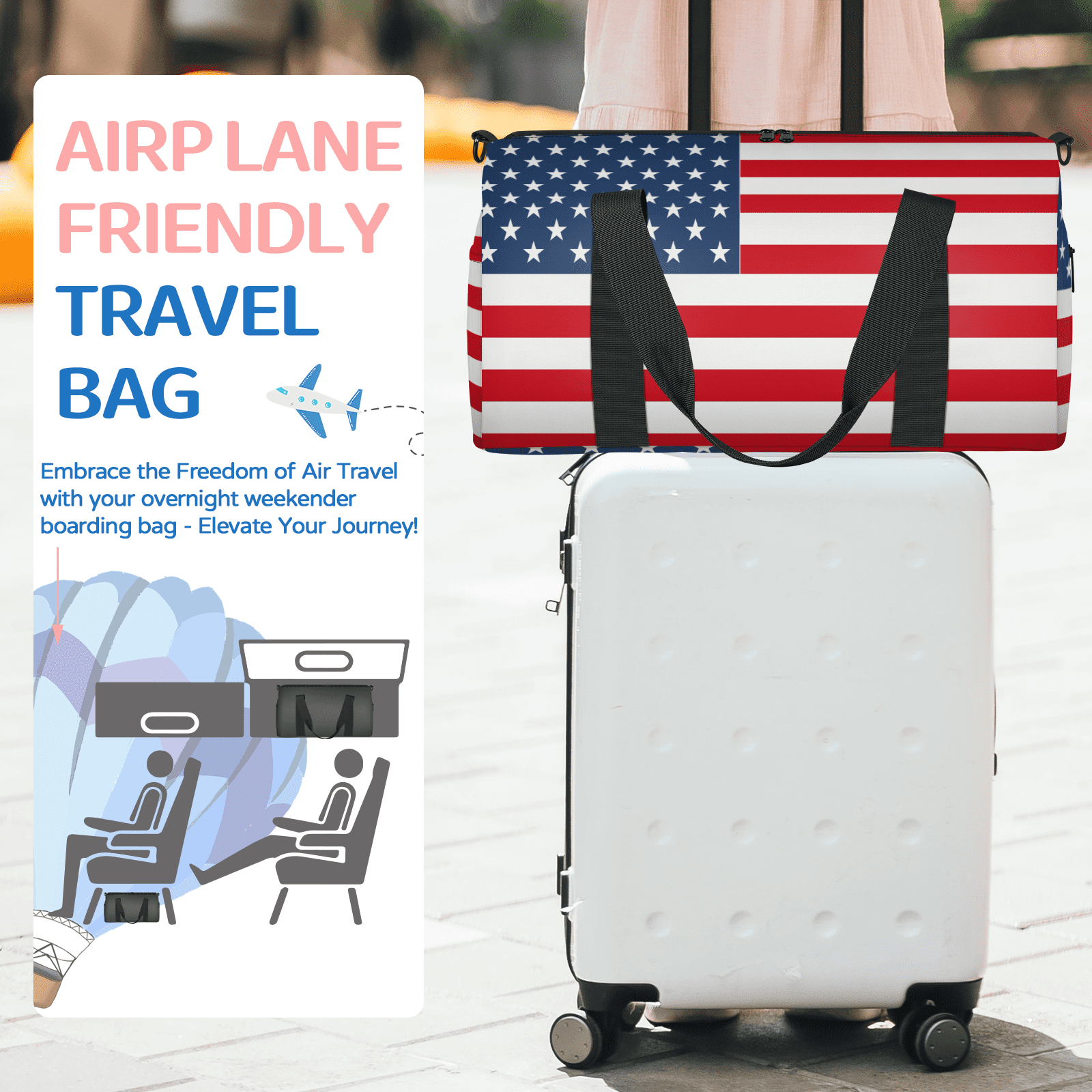 Herdesigns American Flag Travel Duffle Bag Sports Yoga Weekender Overnight Carry on Workout Bags Lightweight Waterproof Gym Tote Bag for Women